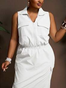 Slaydiva Plus Size Women 2-Piece White Summer Silky Smart Casual Holiday Set,Elegant Sleeveless Shirt Collar Utility Pocket Cropped Top & Long Skirt Outfits - White - View 7