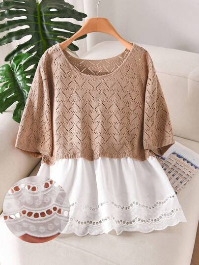 CosyJoli Plus Size Elegant French Casual High-End Minimalist Woven Patchwork Floral Hollow Out Knit Pullover Top For Women