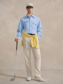 Courvante Men's Drop Shoulder Vertical Stripe Long Sleeve Shirt With Los Angeles Embroidery, Autumn Casual Streetwear For Everyday & Campus Style, Perfect Gift For Boyfriend Blue Striped Shirt Light Blue Button Up Men Striped Button-Down Men Cityboy 2000s Style, Fall Tennis Preppy, Golf, Father's Day Gift - Blue and White - View 6