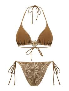 Bonvoyette 3件套纯色三角无钢圈挂脖上衣、侧系带泳裤和网纱裙，女士夏季沙滩度假泳装套装 - 棕色 - 查看 5