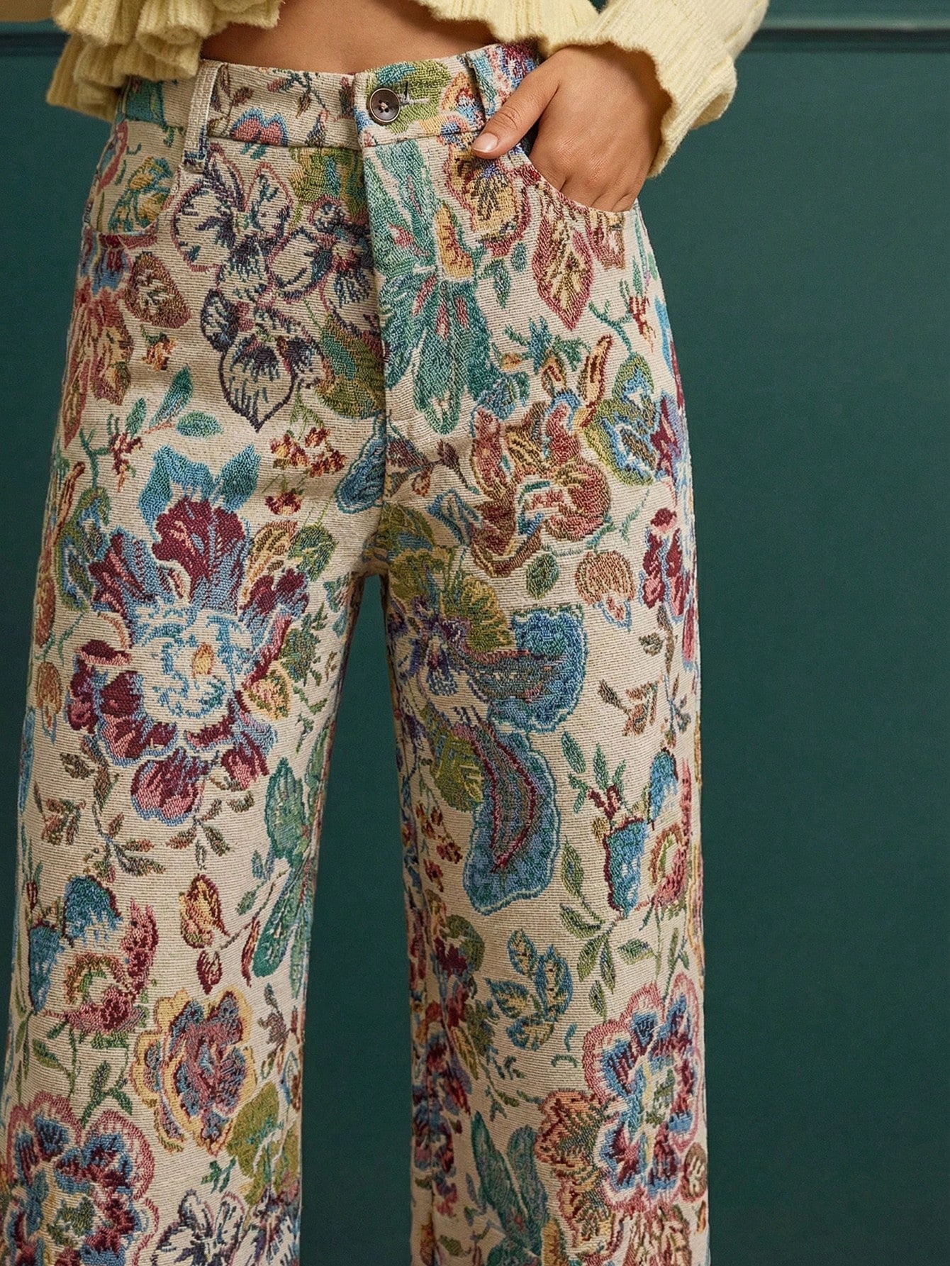 Vintage Style Floral Jacquard High Waisted Wide Leg Trousers Spring Summer Going Out