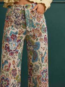 lacRébo Quần ống rộng cạp cao họa tiết hoa jacquard kiểu cổ điển, thích hợp cho mùa thu đông. - Nhiều màu - Xem 2