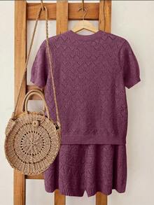 Women's Casual Solid Color Short Sleeve Hollow Out Knit Top And Shorts 2 Piece Set - Purple - View 2