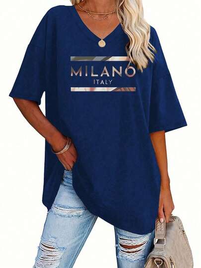 EMERY ROSE Women's Casual Letter V Neck T-Shirt, Suitable For Summer Graphic T-Shirt Women's Tops