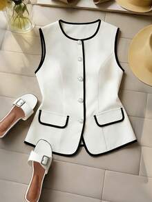 Franclia 女士休闲无袖圆领撞色滚边纹理亚麻混纺背心，适合春夏穿着，米色 - 卡其色 - 查看 1