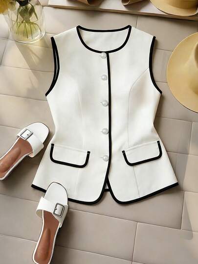 Franclia Women's Casual Sleeveless Round Neck Contrast Trim Textured Linen Blend Vest Top, Suitable For Spring/Summer, Beige