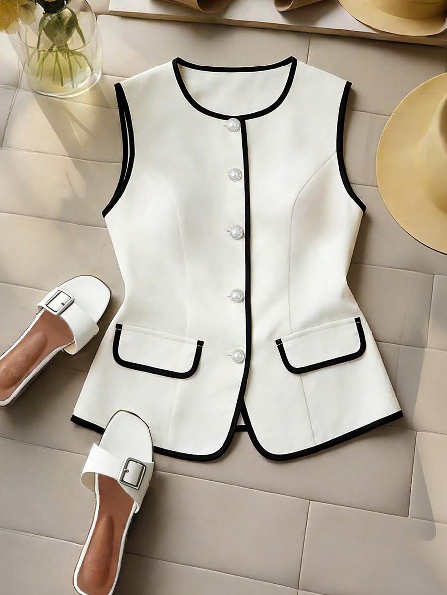 Franclia 女士休闲无袖圆领撞色滚边纹理亚麻混纺背心，适合春夏穿着，米色 - 卡其色 - 查看 1