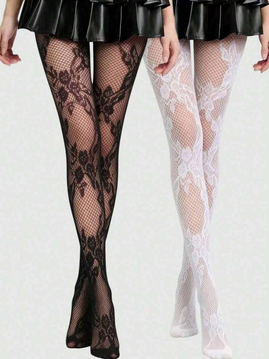 ROMWE Goth Medias de red sexy con diseño calado y alta elasticidad con estampado floral, adecuadas para el uso diario de las mujeres - Blanco y Negro - Ver 1