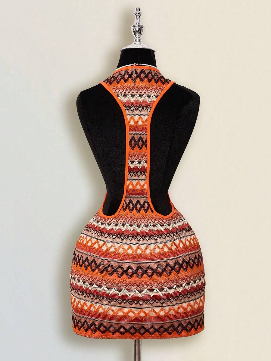 SHEIN ICON 女士外出度假波西米亚风礼服，适合舞会、科切拉音乐节、海滩度假、辣妹风条纹圆领露背无袖性感迷你连衣裙，夏季 - 橘色 - 查看 1