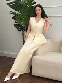 Modelyn Bộ 2 món áo không tay mùa xuân mới cho nữ, có bèo nhún ở gấu và đầm dài thắt eo. - Màu vàng - Xem 6