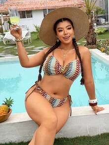 Swim Vcay Multicolor Striped Knitted Plus Size Bikini With Bandeau Top And Tie Side Bottom - Multicolor - View 4