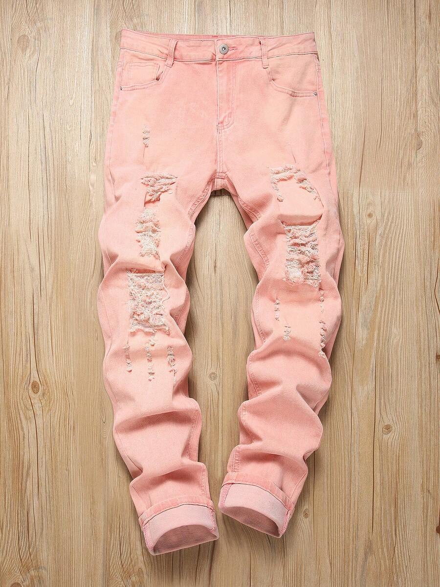 Manfinity LEGND Men's Casual Distressed Slim Fit Denim Jeans - Pink - View 1