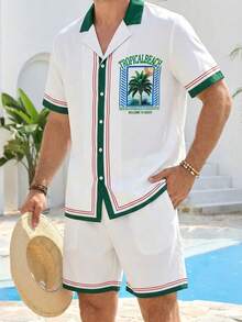 SHEIN 2件套青少年男童白色撞色独角兽、棕榈树、字母印花短袖衬衫和短裤套装，休闲舒适，百搭，适合日常穿着、上学、郊游、户外活动、音乐节、假期、海滩度假、夏季、春夏穿着。 - 白色 - 查看 3