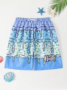 1 pieza Traje de baño para adolescentes varones con estampado de helado degradado azul y gofre, traje de baño casual y de moda para nadar, vacaciones de verano, playa, fiesta en la piscina - Azul - Ver 3