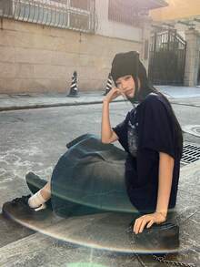 DAZY Camiseta de mujer de cuello redondo, estilo coreano, lavada - Azul Marino - Ver 2