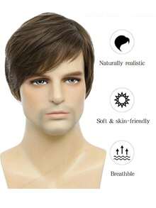 1pc6inch European & American Style Men's Fashion Short Brown Side-Parted Straight Synthetic Hair Wig - Multicolor - View 4