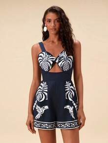 Travachic Women's Vacation Palm Tree Pattern Hollow Design Camisole Jumpsuit,2026 Summer New Arrivals,Bohemia,Werstern,Tropical Parrot Pattern,Suitable For Summer Vacation - Black - View 1