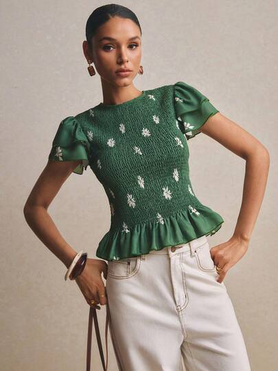 Poéselle Women's Summer Casual Floral Print Ruffle Trim Fitted Blouse,Green Top,Going Out Top,Vacation Outfits Women, Country Concert Outfit,Casual Blouses For Women, Summer Top ,Suitable For Daily Wear, Vacations, And Music Festivals,Spring/Summer Peplum Blouses For Women Doll Tops For Women Yk2k Tops Latest Tops For Women New Arrivals