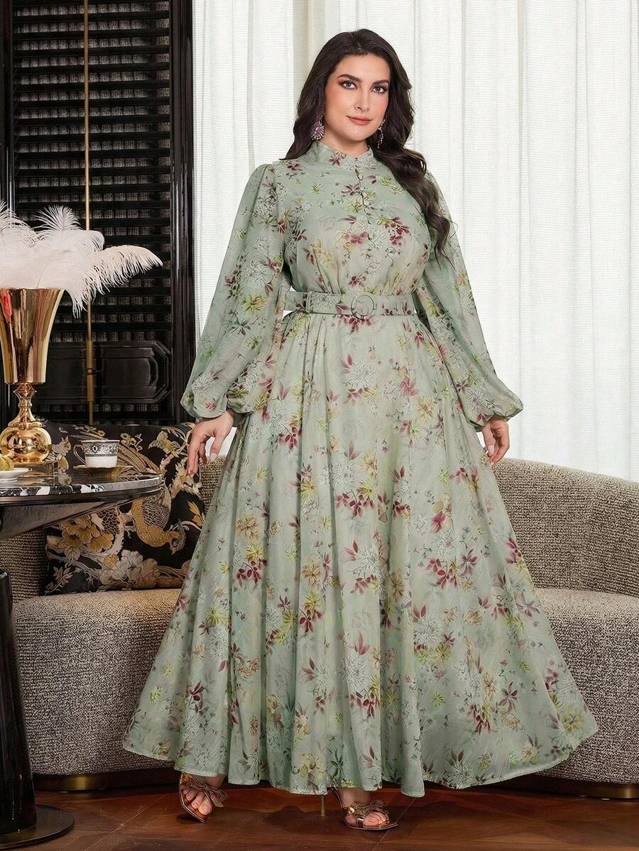 Modelyn Plus Size Women Floral Pattern Lantern Sleeve Elegant Cinched Waist Midi Dress - Green - View 1