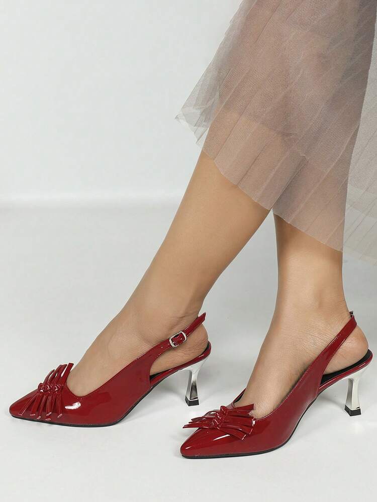 CUCCOO CHICEST ウィメンズシューズ: ミニリボン装飾 尖った つま先 メタリックシルバー スティレットヒールパンプス、可愛い ユニーク エレガントパンクレッド フェイクレザー ハイヒール スリングバックシューズ ストリートファッション、通勤、パーティーウェア クリスマスと正月ホリデーの雰囲気 秋冬