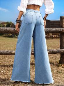 Breezaya Quần jeans nữ ống rộng họa tiết hoa nhí, kiểu dáng thường ngày. - Màu xanh lam - Xem 2