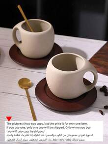一套复古陶瓷咖啡杯碟，配有木质杯垫和金属勺，手工粗陶设计，情侣返校季个性化咖啡杯套装 - 彩色 - 查看 2