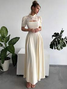 RiviMae Women's New Arrival Mandarin Collar Patchwork Hollow-Out Elegant Dress - Apricot - View 6