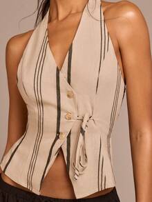 COSMINA Women's Elegant Asymmetric Striped Sleeveless Blouse, Versatile For Commuting, Office, And Casual Wear, Early Spring - Khaki - View 6