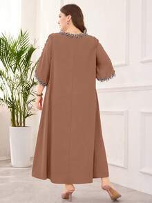 Lacomfia Plus Size Women Elegant Floral Applique Decor Loose Fit Short Sleeve Dress - Dusty Pink - View 2