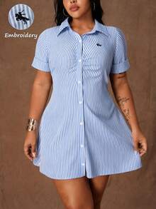Rustia Plus Size Women Knight Pattern Short Sleeve Single-Breasted Shirt Striped Dress - Blue - View 5
