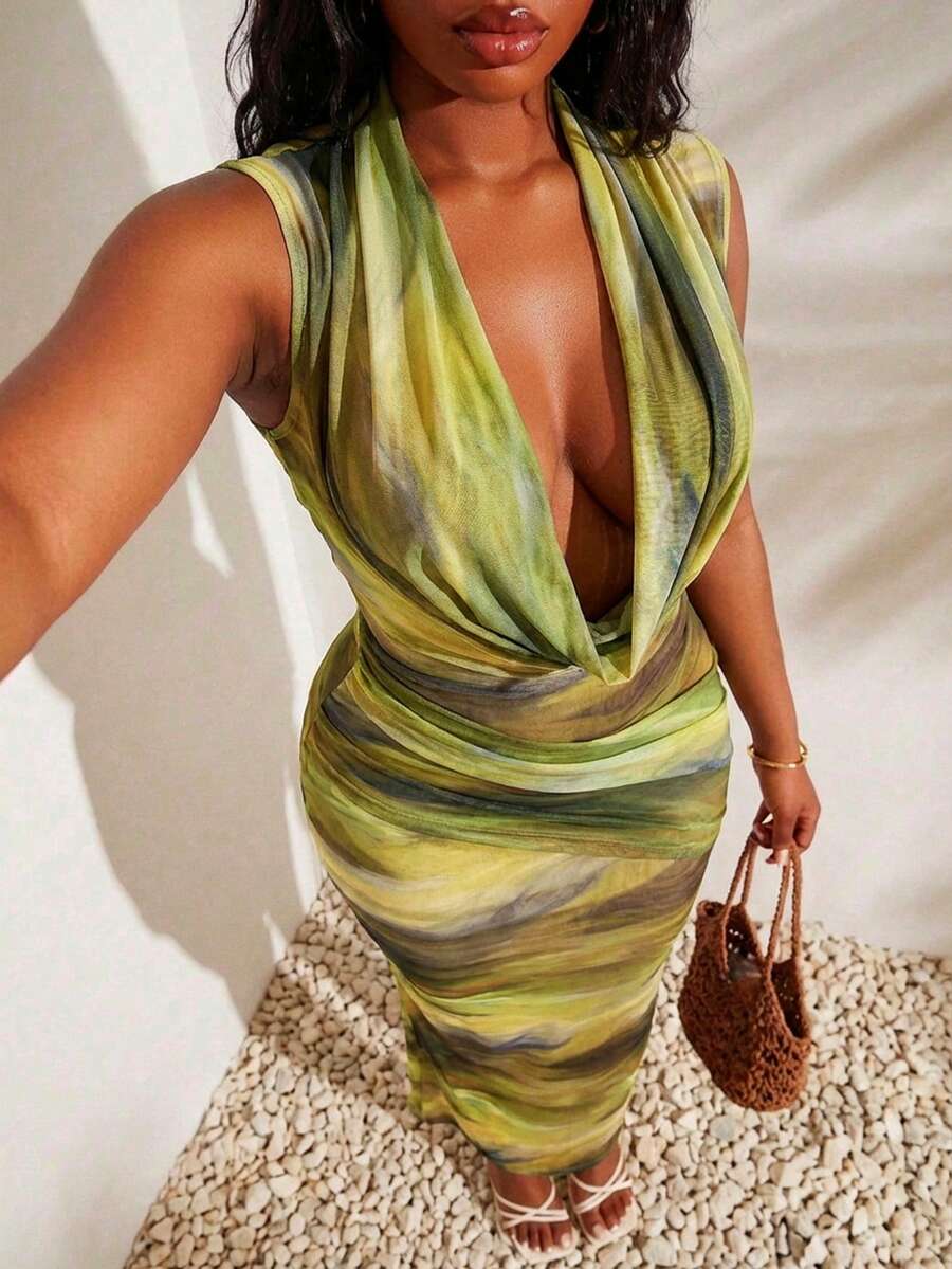 SHEIN SXY Abito da festa a sirena con scollo profondo e vita stretta, per taglie forti - Multicolore - Visualizzare 1