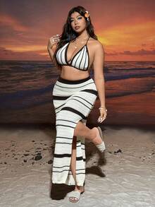 SHEIN EZwear 大码女式毛衣套装，性感休闲优雅露背系带露脐上衣和侧开衩半裙，撞色条纹两件套，女士沙滩装，女士沙滩罩衫，比基尼罩衫套装，女士泳装罩衫，度假装，女士度假服饰 - 彩色 - 查看 3
