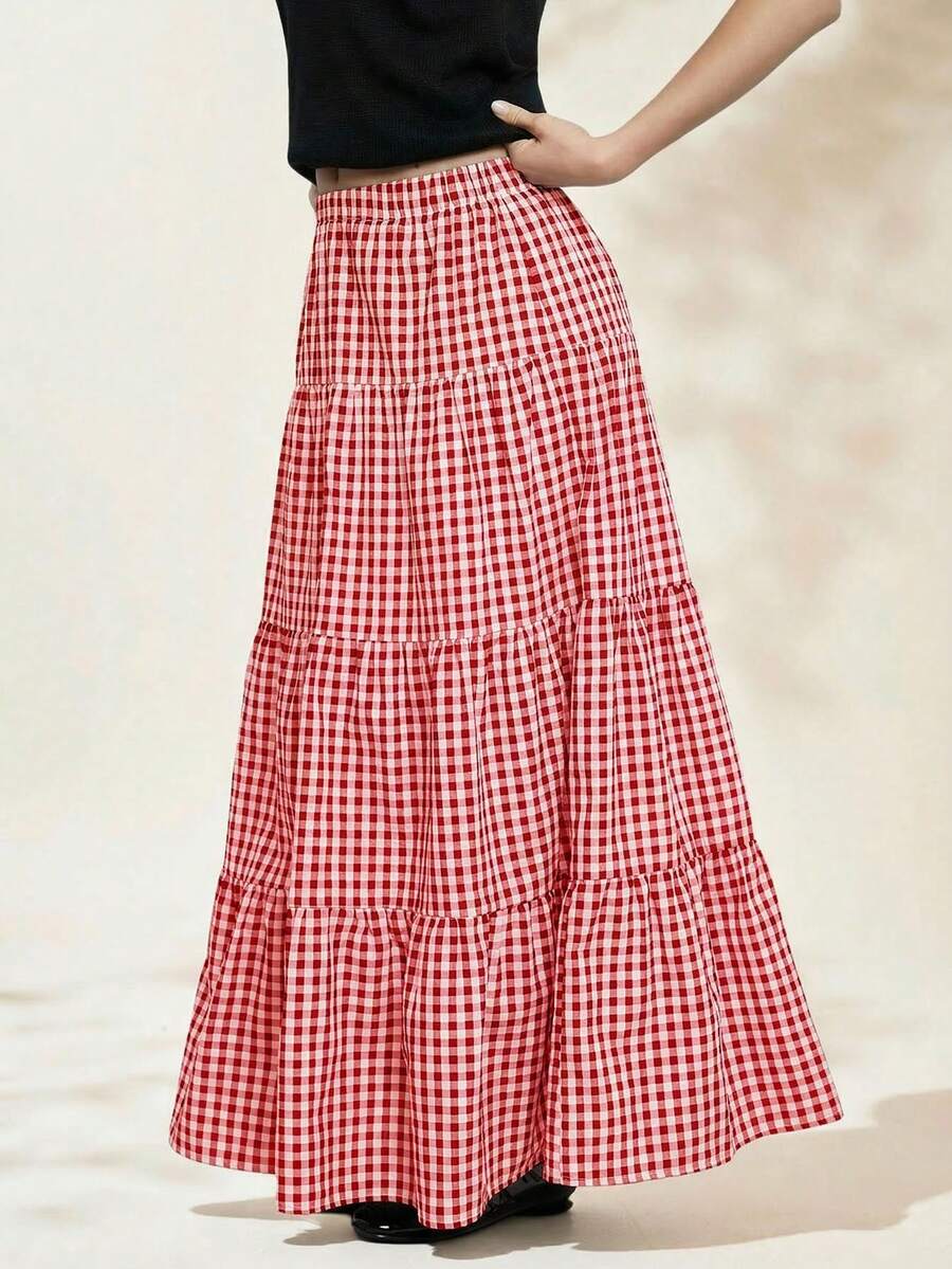 Easelle Women's Red Plaid Print High Waist Ruffle Hem Skirt, Spring/Summer - Red - View 1