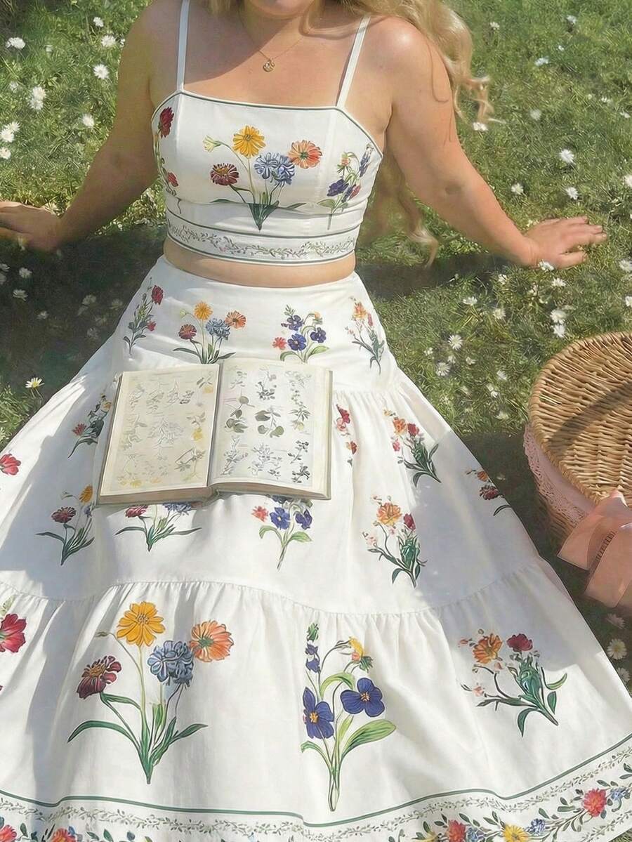 SHEIN MOD 大码女式印花吊带背心和迷你裙沙滩度假套装，白色棉混纺两件套，印花露脐上衣，高腰层叠中长裙，无袖方领A字飘逸柔软田园风，适合春夏假期旅行休闲外出花园漫步日常穿着。