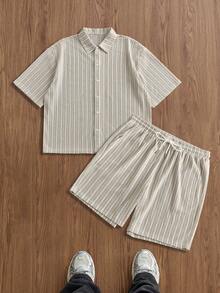 Manfinity Unisex 男士夏季休闲度假条纹前开襟短袖衬衫和短裤套装 - 卡其色 - 查看 6