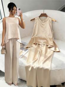 Franclia 女士休闲缎面宽松连体裤，夏季 - 香檳色 - 查看 1