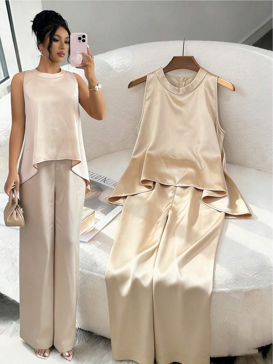 Franclia 女士休闲缎面宽松连体裤，夏季 - 香檳色 - 查看 1