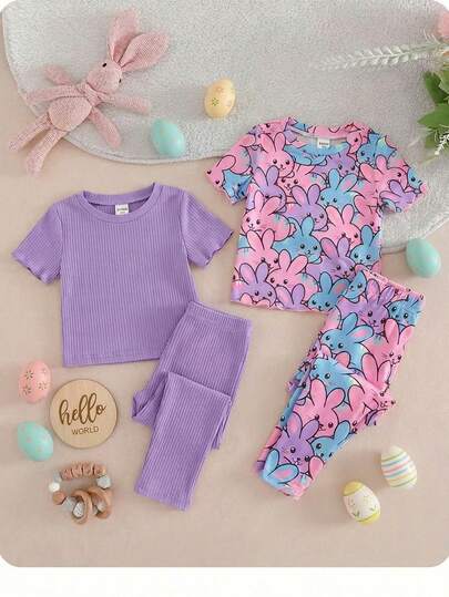 SHEIN 4-Piece Baby Girl Simple Easter Bunny  Pattern Crew Neck Ruffled Short-Sleeved Pants Soft And Skin-Friendly Squishy Pajamas Soft And Sweet, An Easter Gift For Your Baby Easter Gifts For Baby: Soft,  & Special Spring Toddler Sets Lavender Toddler Outfit Easter 2 Piece Sets Easter Matching Outfit Toddler Girl Easter Sets