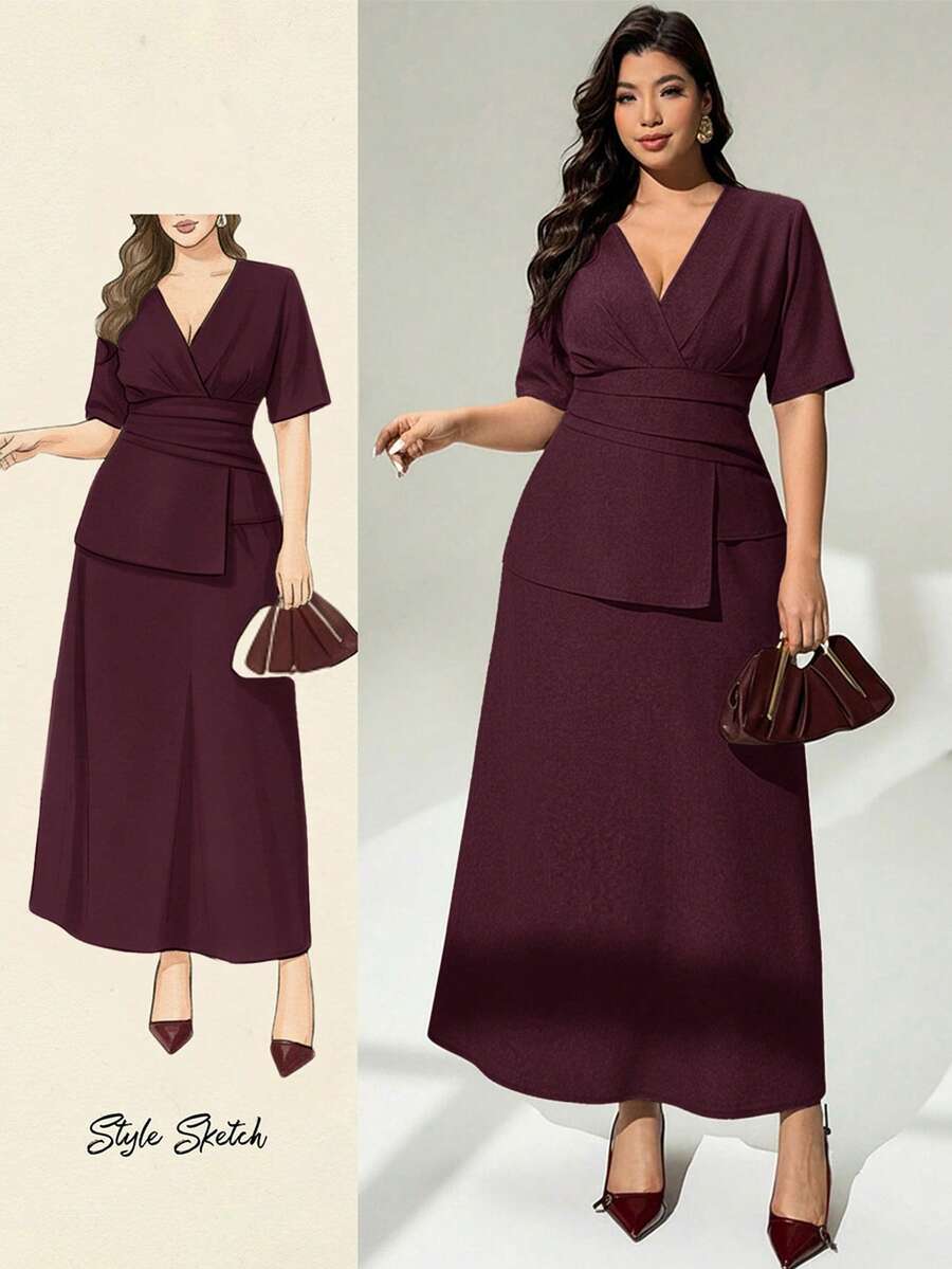 Auralis Dark Purple Summer Elegant Casual Traditional Plus Size Mermaid Wrap-Around Slim Waist Dress Wedding Guest Office Pleated Flared Hem Short Sleeve - Burgundy - View 1