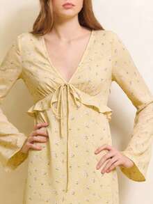 lacRébo Black Floral Print V-Neck Tie-Front Midi Dress With Ruffled Details And Long Sleeves - Pale Yellow - View 5