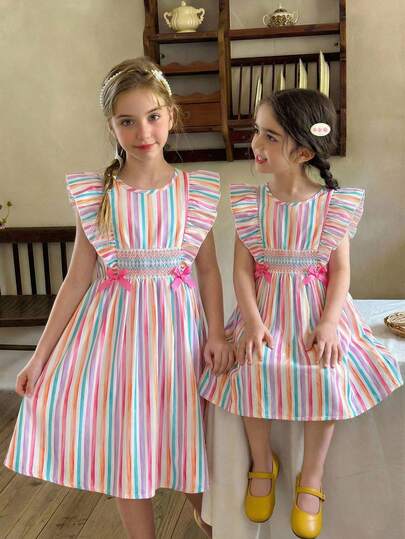 1pc Girls Colorful Striped Print Dress, Round Neck, Ruffle Trim Sides, Bow Tie Waist, Flared Hem, Casual & Fashionable, Suitable For Summer Vacation