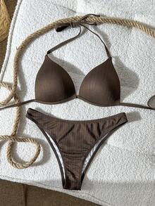 Swim Mod 女士提花面料挂脖高衩比基尼套装，春夏女士比基尼套装，泳装两件套，棕色比基尼，棕色比基尼套装，泳装 - 棕色 - 查看 1