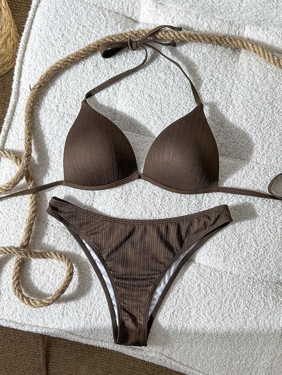 Swim Mod 女士提花面料挂脖高衩比基尼套装,春夏女士比基尼套装,泳装两件套,棕色比基尼,棕色比基尼套装,泳装 - 棕色 - 查看 1