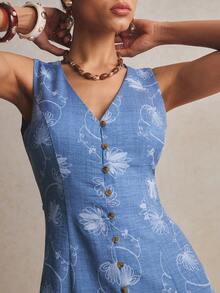 Poéselle Đầm nữ họa tiết hoa, cài cúc, cổ chữ V, không tay, kiểu dáng thường ngày. - Màu xanh lam - Xem 4