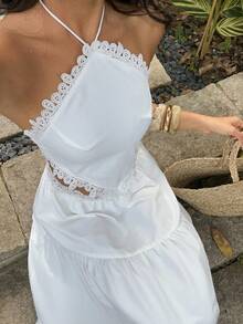 Sunnyshic 两件套春夏蕾丝拼接度假风长款荷叶边裙，可爱性感度假装 - 白色 - 查看 4