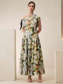 Anewsta Bộ đồ 2 món dành cho nữ, thanh lịch, lãng mạn, in họa tiết hoa, cổ bất đối xứng, gồm áo và chân váy xếp ly. - Nhiều màu - Xem 5