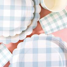 蓝白格子花瓣图案一次性餐盘、餐巾纸和杯子套装，可供20位客人使用。这款一次性派对用品套装（包括餐盘、餐巾纸和杯子）非常适合生日派对、婚礼和家庭野餐。 - 查看 6