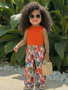 SHEIN 2pcs Baby Girl Knitted Solid Color Casual Top And Ditsy Floral Pants Set Baby Girl Two Pieces Set Girl Tropical Outfit Baby Girl Tropical Vacation Clothes Orange Two Pieces Outfit Hawaiian Outfits, Kids - Multicolor - View 8