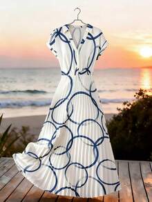Franclia Damen Sommer Lässig Urlaubs Minimalist Umlegekragen Raglanärmel Taille Plissee Saum Blau Blumen Muster Langes Hemdkleid Damen Sommerkleider - Weiss - Übersicht 8