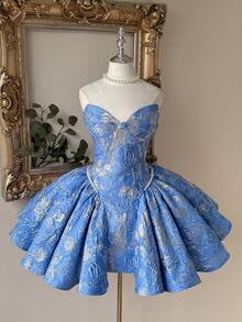 Lovelzi 优雅奢华的红色提花面料手工珍珠装饰甜心领复古腰线A字短款女士正式晚礼服 - 淺藍色 - 查看 3